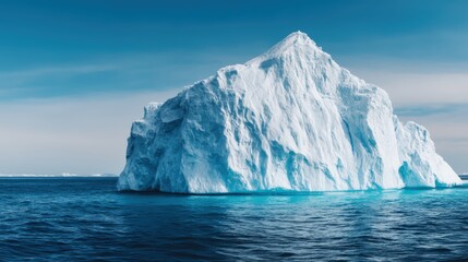 A majestic iceberg rises from the ocean, showcasing its striking blue hues and intricate ice formations under a clear sky.
