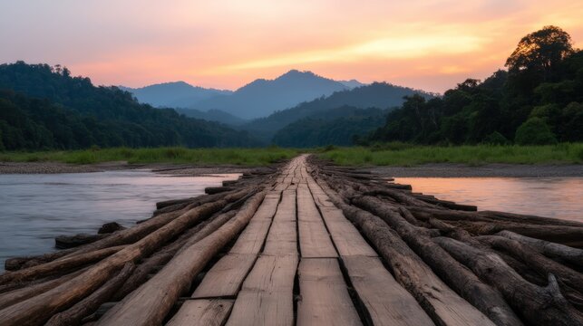 A serene landscape featuring a wooden bridge over a river, flanked by lush greenery and mountains, under a colorful sunset sky.