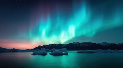 A stunning display of the Northern Lights illuminates the night sky above icy landscapes, with vibrant greens and blues reflecting on serene waters.