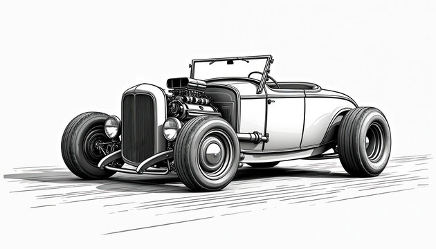 Line art illustration of a vintage hot rod car. Powerful V8 engine is exposed. Big rear wheels and open top design define this classic automobile. Perfect for auto clubs and apparel graphics.