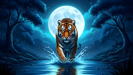 Majestic tiger emerges from moonlit waters in serene forest landscape