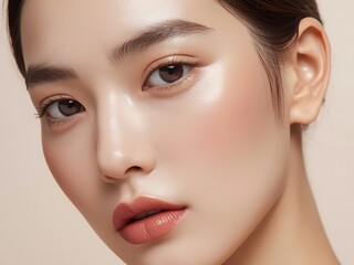 Fototapeta premium Radiant Asian woman with flawless skin and soft makeup, showcasing a natural glow and subtle lip color against a pastel backdrop