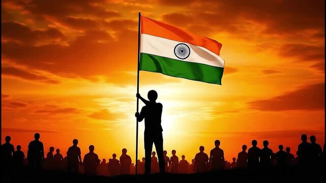Indian Flag Waving in Golden Sunset Sky Held by Silhouetted Person with Crowd for National Patriotism and Independence Day Celebration