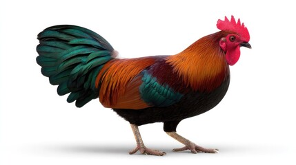 Fototapeta premium Rooster in the Morning: A vibrant rooster struts confidently, its multicolored plumage catching the sunlight. A symbol of morning and vitality.