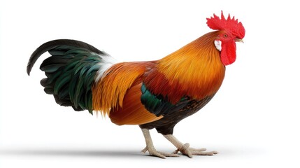 Fototapeta premium Majestic Rooster in Profile: A vibrant rooster displays its colorful plumage, comb and wattles, showcasing the beauty of the avian world.
