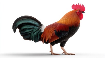 Fototapeta premium Vibrant Rooster: A striking rooster, showcasing its vibrant plumage and bold presence, stands proudly, embodying the essence of rural life and natural beauty.