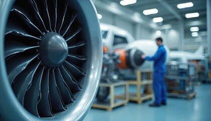 Closeup of jet engine fan blades in hangar. Engineer in blue overalls inspects aircraft turbine at aviation repair shop. Modern aerospace manufacturing plant.