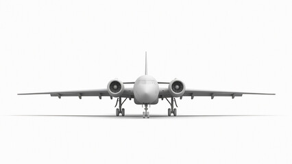 Fototapeta premium Front view of a gray bomber aircraft with four engines and landing gear extended