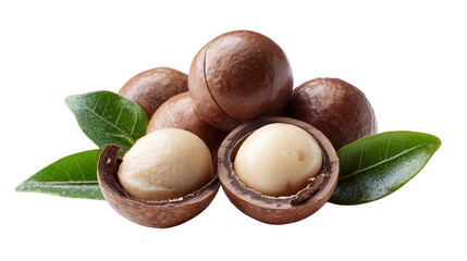 A flat lay composition of whole and halved macadamia nuts spilling transparent png background. Ai generated