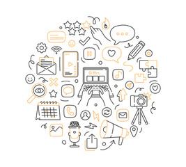 Content creation concept. Icons of social media and digital marketing tools. Vector linear illustration isolated on a white background.