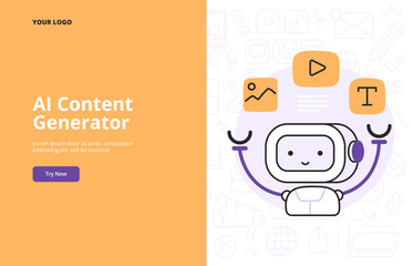 AI technology in content creation. Helping with generative images, texts, and video. Vector illustration for landing page, banner, or ad.