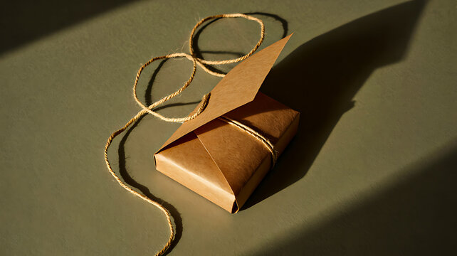 Minimalist brown kraft paper package tied with natural twine on flat surface with soft shadow and warm lighting
