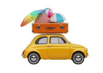 Yellow car with luggage and beach isolated on a transparent background