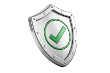 A gleaming silver shield icon with a green checkmark symbolizing security approval or protection isolated on transparent background