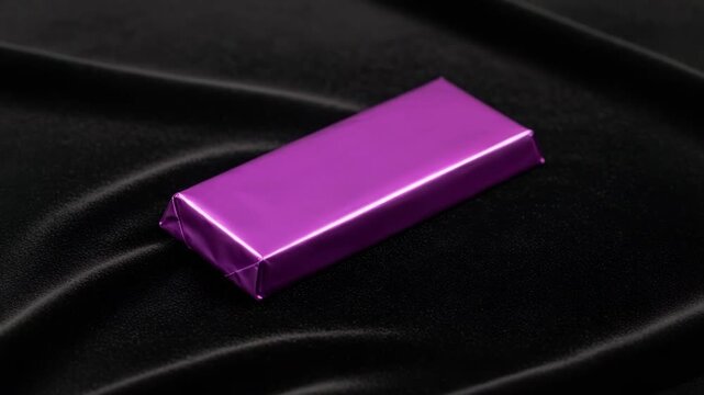 Purple chocolate bar wrapped in foil on black velvet background  