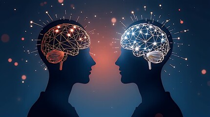 Editorial illustration showing a human figure facing a glowing abstract AI brain made of geometric shapes and data lines, symbolic human vs artificial intelligence thinking, clean modern flat vector s - Powered by Adobe