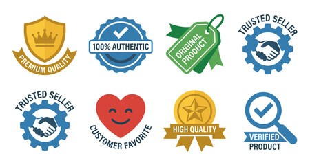 Obraz premium Set of eight quality assurance and verification icons including premium quality, 100% authentic, original product, trusted seller, customer favorite, high quality, and verified product badges