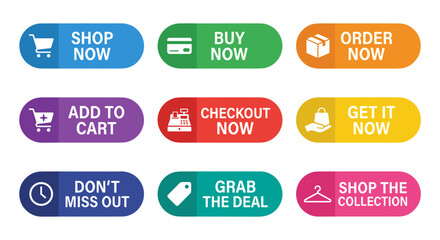 A vibrant collection of e-commerce call-to-action buttons, featuring diverse shopping and purchase icons designed for seamless online retail experiences and website navigation