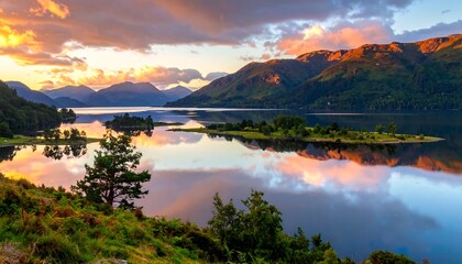 A serene lake landscape, with an island and mountains reflecting the warm colors of the sunset sky. The water is calm