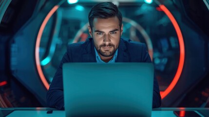 A focused man works intently on a laptop in a futuristic, illuminated setting, reflecting a blend of technology and concentration.