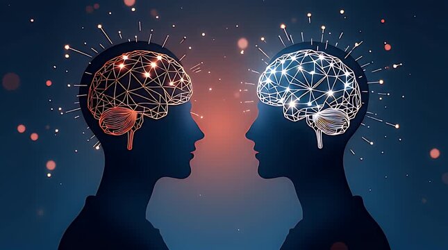 Editorial illustration showing a human figure facing a glowing abstract AI brain made of geometric shapes and data lines, symbolic human vs artificial intelligence thinking, clean modern flat vector s