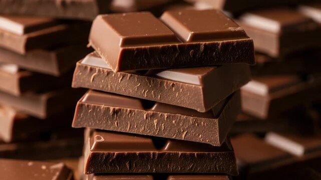 Stacked pieces of milk chocolate in closeup view  , square pieces of unsweetened baking chocolate,
