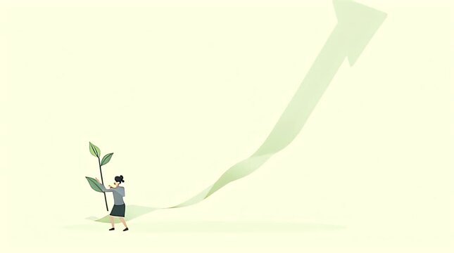 Editorial illustration of a business figure nurturing a growing green plant shaped like an upward arrow, symbolizing sustainable business growth and eco responsibility, clean flat vector style, soft n