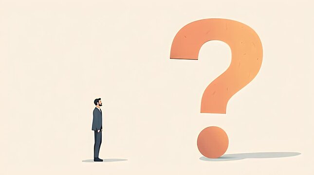 Conceptual editorial illustration of a professional man standing in front of a large abstract question mark, symbolic self-reflection and decision making, muted pastel background, clean flat vector st