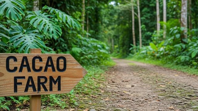 Cacao farm signpost indicating direction on forest path in nature  