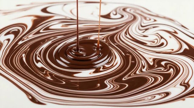 Liquid black and white  chocolate swirling on a white surface creating patterns  