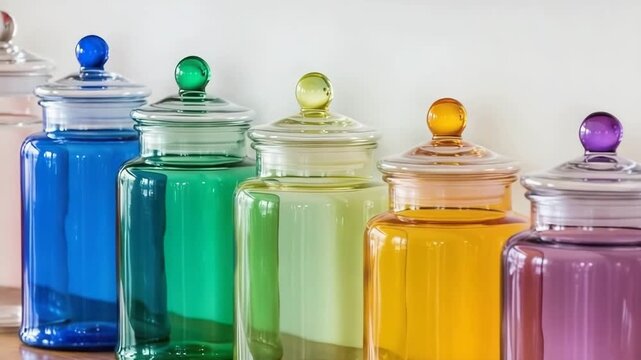 Colorful glass empty  jars filled  on a shelf  