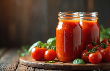 Two glass jars filled with red tomato sauce sit on wooden board with fresh tomatoes, basil leaves. Homemade sauce looks rich, flavorful, perfect for cooking Italian dishes or as healthy condiment.