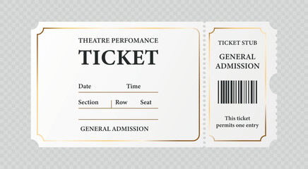 Vector Realistic Paper Event Ticket Template. Retro Cinema or Theater Ticket Template. Movie, Performance, Festival Concept. Admission Pass, Classic Entertainment Vintage Ticket