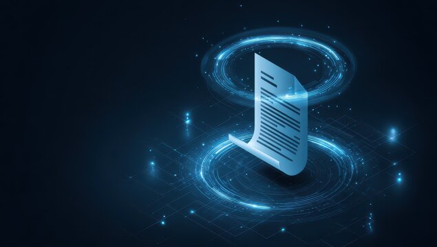Dynamic Digital Document Icon with Luminous Blue Energy Rings on Dark Background, Symbolizing Secure Data Transfer.