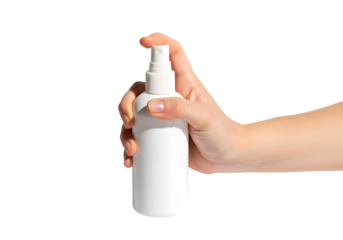 Female hand holding spray white bottle antiseptic antibacterial disinfection on transparent background