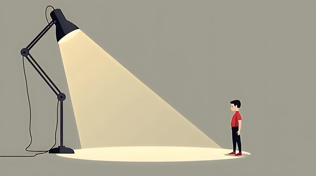 Conceptual editorial illustration of a spotlight shining on a hesitant person trying to step back into shadow, symbolizing fear of visibility and being judged, clean flat vector style, muted back