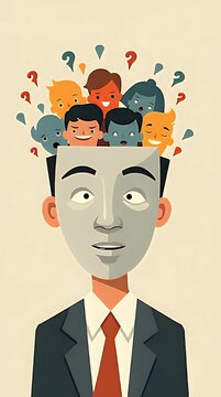 Conceptual editorial illustration of a professional wearing a neutral mask while colorful emotions remain hidden behind it, symbolizing emotional suppression in corporate life, clean flat vector style