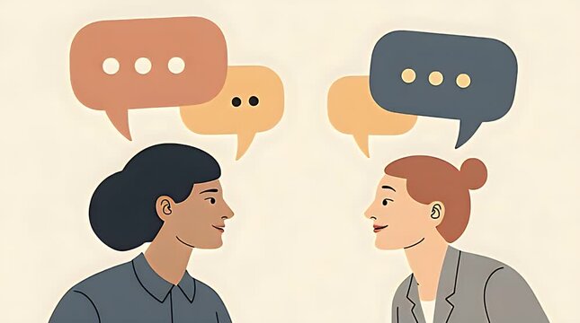 Editorial illustration of two professionals speaking while abstract speech bubbles pass by without connecting, symbolizing communication gaps at work, modern flat vector style, muted corporate colors,