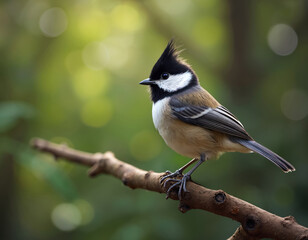 Obraz premium Crested tit bird perched on branch. Small wild animal with black crest, white cheeks, brown body sits in forest. Nature scene, focus on avian wildlife.