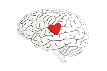 A stylized human brain with a red heart on the surface, representing emotion and logic isolated on transparent background