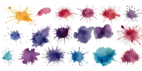 Collection of colorful abstract watercolor splashes and ink blot splatters showing grunge drops, stains, and blobs on white with dynamic artistic flow and texture