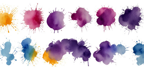 Collection of colorful abstract watercolor splashes and ink blot splatters showing grunge drops, stains, and blobs on white with dynamic artistic flow and texture
