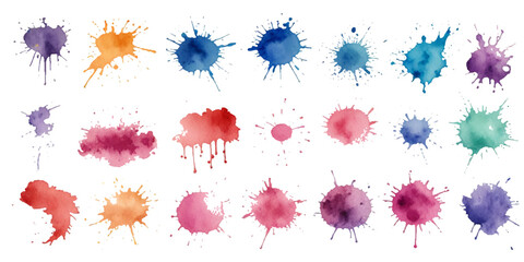 Set of vibrant abstract watercolor splashes and ink splatters featuring colorful grunge drops, stains, and blobs isolated on white with dynamic artistic fluid motion textures