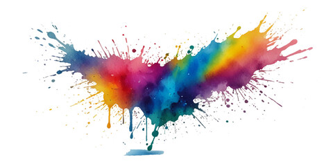 abstract rainbow creative horizontal banner from paint splashes. Bright colorful watercolor splash splatter stain brush strokes on white background. Modern vibrant aquarelle spot. Rainbow trendy