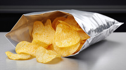 Crispy potato chips spilling out of a reflective silver foil bag on a gray surface, promising a satisfying crunch and savory snacking.