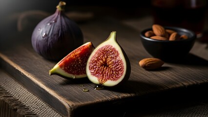 Moody still life of fresh figs and almonds on a rustic wooden surface