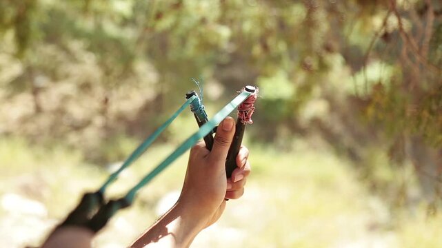 A village boy pulls a slingshot to shoot tree seeds into a forest in Uttarakhand. The scene reflects poverty, childhood creativity, nature care, and rural mountain life.