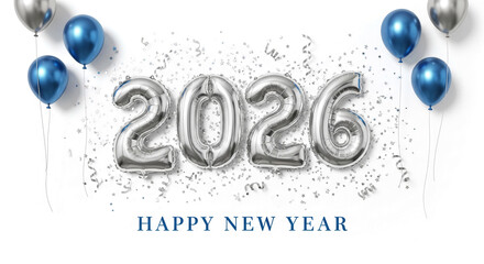 Image with silver number balloon of 2026, blue and silver balloon, confetti, and text "Happy New Year", representing celebration, holiday, and future event.