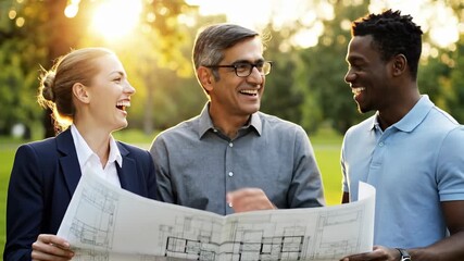 A diverse team of smiling architects and engineers happily collaborating on a building blueprint outdoors in a sunlit park - Powered by Adobe