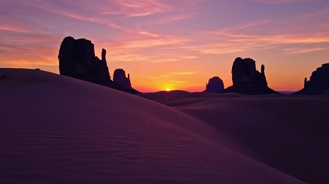 Sunset over desert landscape with rock formations and sand dunes  